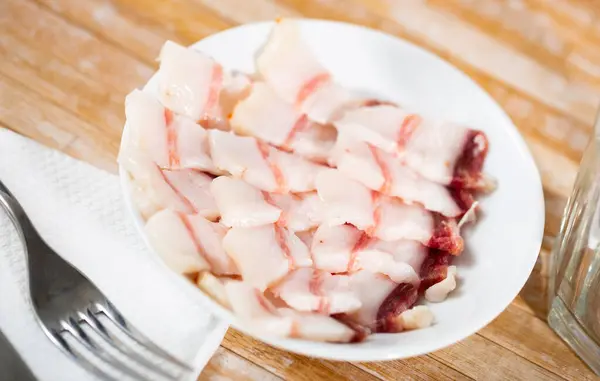 Delicious Homemade Salted Pork Belly Bacon Slices Plate Slavic Cuisine — Stock Photo, Image