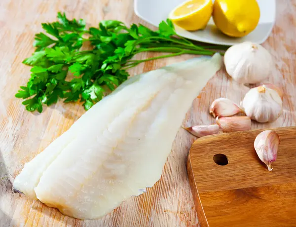 Seafood Ingredients Fresh Cod Fish Wooden Cutting Background — Stock Photo, Image