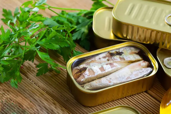 Canned Seafood Headless Mackerel Fish Preserved Oil Wooden Table — Stock Photo, Image