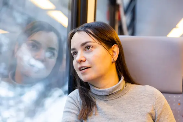 Caucasian Woman Looking Train Window While Journeying — Stock Photo, Image