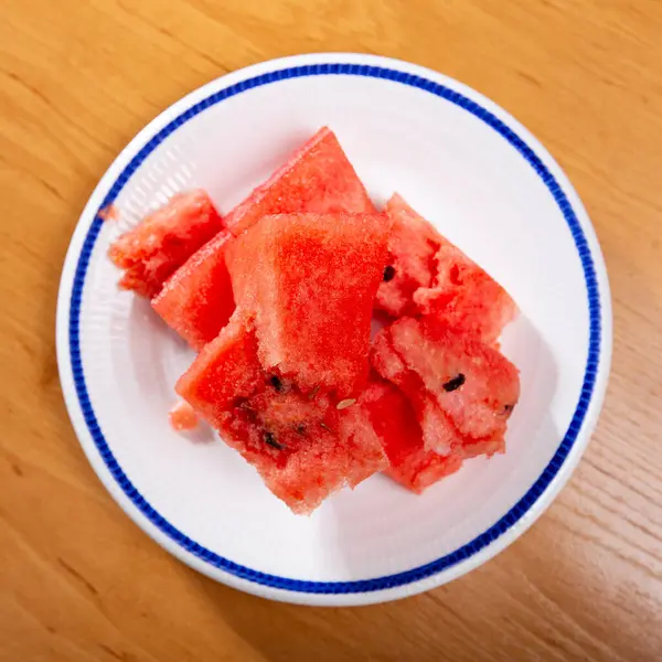 Service Plate Containing Fresh Watermelon Pieces Other Table Appointments — Stock Photo, Image