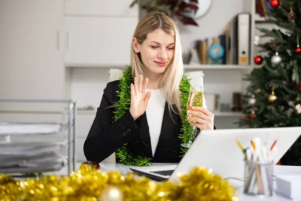Female Manager Glass Champagne Congratulates Merry Christmas Internet Office Stock Picture