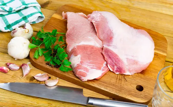 Raw Slice Iberian Pork Secret Parsley Kitchen Board — Stock Photo, Image