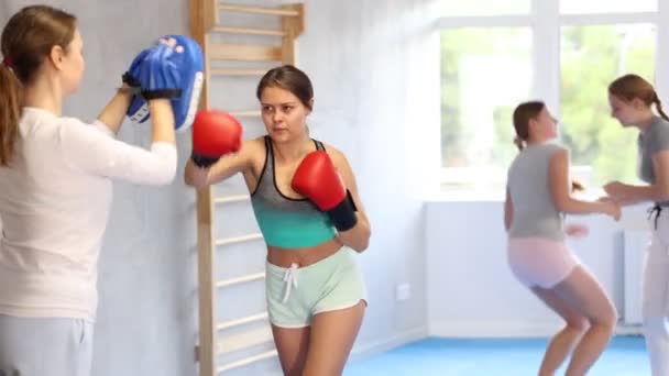 ボクシングトレーニング ボクシンググローブを身に着けている10代の少女は ボクシングのためのパッドに運動とパンチ — ストック動画