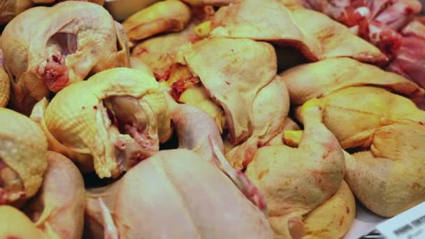 肉铺橱窗里摆放着鸡肉 高质量的4K镜头 — 图库视频影像