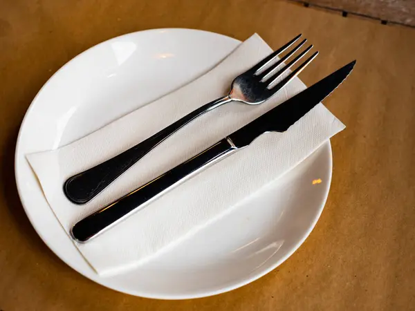 Assiette Vide Couverts Vue Dessus Table Manger Restaurant — Photo