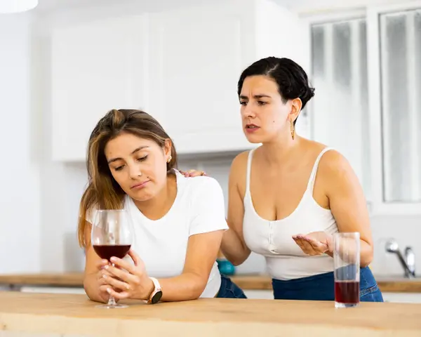Sadness Young Woman Has Problem Girlfriend Consoling Her Table Kitchen — Stock Photo, Image