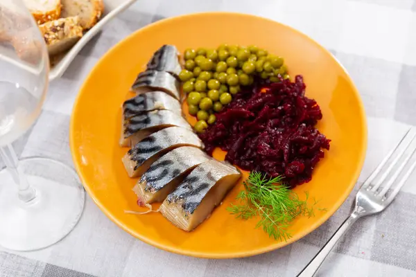 Tasty Slices Herring Fish Canned Green Peas Beetroot Decorated Mint — Stock Photo, Image