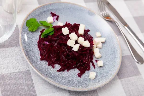Salad Chopped Beetroot Farmer Cheese Decorated Fresh Parsley — Stock Photo, Image