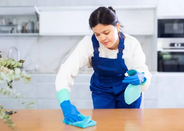 Portrait Interested Diligent Young Female Janitor Making Modern Office Kitchen — Stock Photo, Image