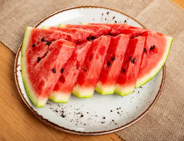 Ripe Watermelon Divided Pieces Served Plate Necessary Table Laying — Stock Photo, Image