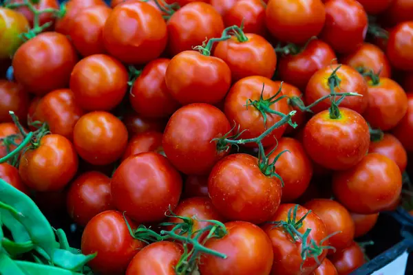 Pudełka Dojrzałymi Różnymi Pomidorami Sklepie Spożywczym Żywność Naturalna — Zdjęcie stockowe