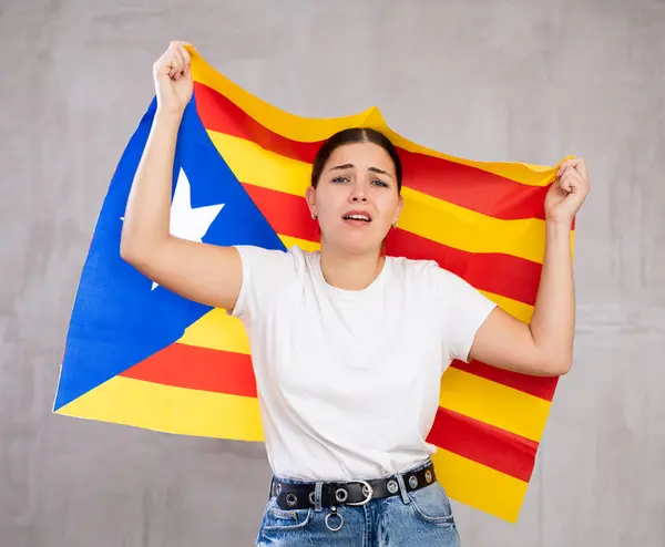 Frustrated Young Woman Waving National Flag Estelada While Standing Gray — Stock Photo, Image