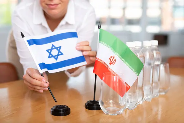 Little Flag Iran Table Bottles Water Flag Israel Put Next Fotos De Stock Sin Royalties Gratis