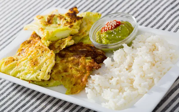 Delicious Cabbage Batter Served Garnish Rice Two Sauces White Plate — Stock Photo, Image