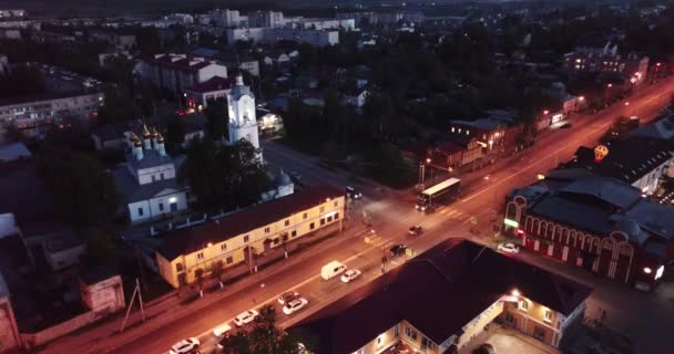 Nocny Widok Lotu Ptaka Rosyjskiego Miasta Pokrov Katedrą Wstawiennictwa Najświętszej — Wideo stockowe