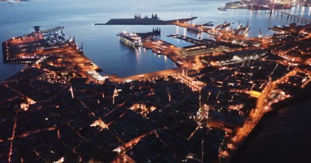 Панорама Ілюмінованого Портового Міста Кадіс Середньовічним Собором Світанку Іспанія Кадри — стокове відео