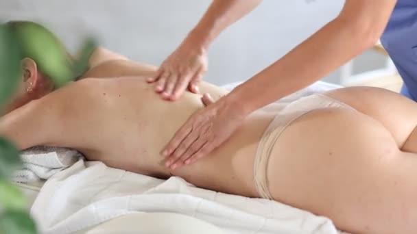 Professionale Massaggiatrice Che Massaggio Rilassante Alla Schiena Alla Giovane Donna — Video Stock
