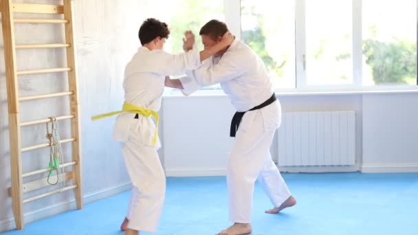 Yetişkin Bir Adam Kimonolu Genç Bir Çocuk Judo Dövüş Teknikleri — Stok video