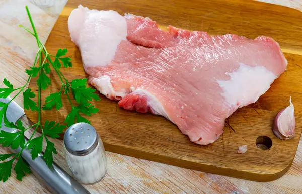 Taze Çiğ Domuz Eti Fileto Secreto Cerdo Ahşap Masada Kızartılmaya — Stok fotoğraf