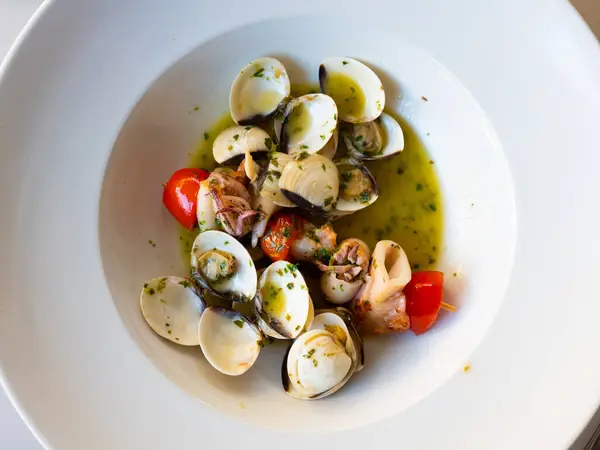 Mediterranean Cuisine Squid Skewer Garlic Clams White Ceramic Plate Stock Photo