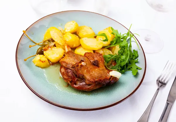 Traditional French Food Duck Confit Stew Potatoes Greens Plate Cafe Stock Photo