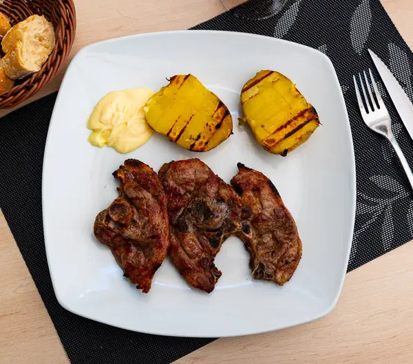 Grilled Lamb Thigh Some Potatoes Served Plate Other Table Appointments Royalty Free Stock Photos