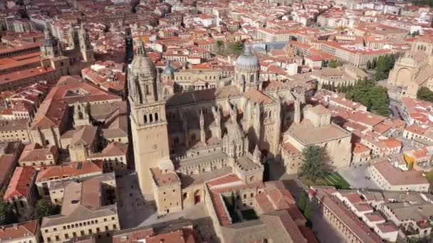 スペインの都市サラマンカの歴史的エリアのドローンビュー 古い家の茶色のタイルの屋根 中世の大聖堂のバロックドームと晴れた春のラクレアシアのゴシックな建物 — ストック動画