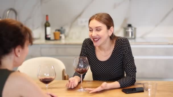 Happy Middle Aged Woman Talking Her Friend While Having Glass — Stock Video