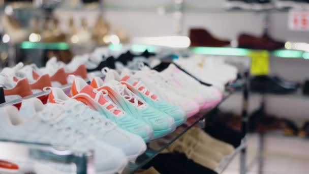 Ayakkabı Dükkanında Farklı Spor Ayakkabıları Olan Raflar Yüksek Kalite Görüntü — Stok video