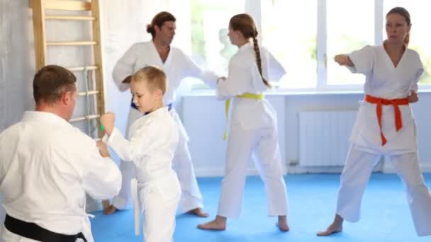 Jongen Kimono Riem Oefenen Karate Punch Blok Tijdens Groep Vechtsport — Stockvideo