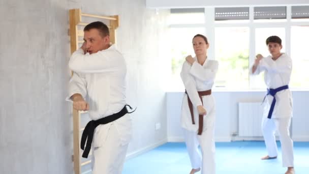 Donna Uomo Kimono Piedi Posizione Combattimento Durante Allenamento Karate Gruppo — Video Stock