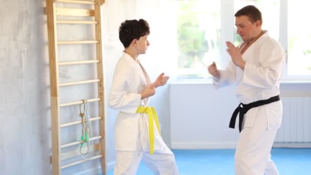 Ενηλίκων Και Έφηβος Karatekas Προπόνηση Καράτε Αγώνα Στο Στούντιο — Αρχείο Βίντεο