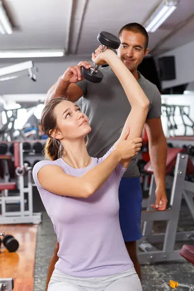 Personal Instructor Helping Young Woman Dumbbells Exercises Technique Gym — Stock Photo, Image