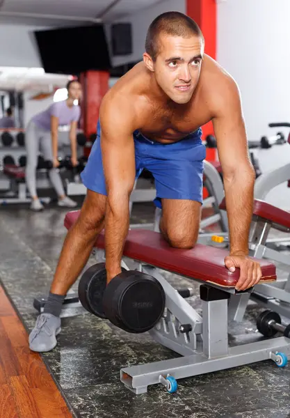 Cheerful Young Man Naked Body Doing Exercises Sports Dumbbells Gym — Stock Photo, Image