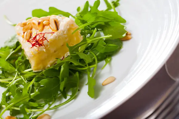 Delicious French Cheese Camembert Garnished Roasted Pine Nuts Greens — Photo