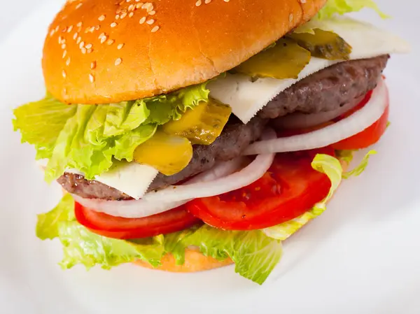 Tasty Double Decker Grilled Burger Beef Tomato Cheese Cucumber Lettuce — Stock Photo, Image