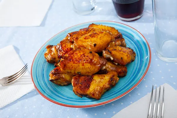 Plate Tasty Snack Roasted Chicken Wings Flavoring — Stock Photo, Image