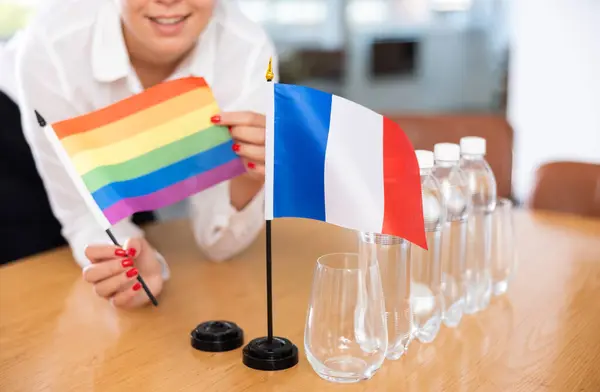 Små Flaggor Hbt Och Frankrike Förhandlingsbordet Kontorslokaler Royaltyfria Stockfoton