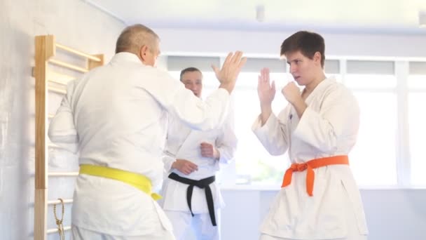 Luchador Experimentado Del Karate Del Anciano Kimono Con Cinturón Amarillo — Vídeo de stock