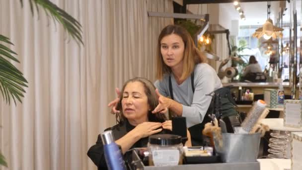 Genç Kadın Profesyonel Saç Stilistinin Portresi Kuaförde Yaşlı Bayan Müşteriyle — Stok video