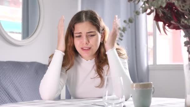 Upset Woman Crying While Sitting Table Room High Quality Footage — Stock Video