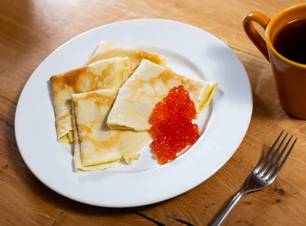 Tasty Russian Pancakes Red Caviar Plate Table - Stok İmaj