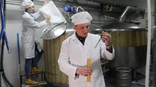 醸造所の研究室でビールをチェックしている専門家の肖像画 高品質のフルHd映像 — ストック動画