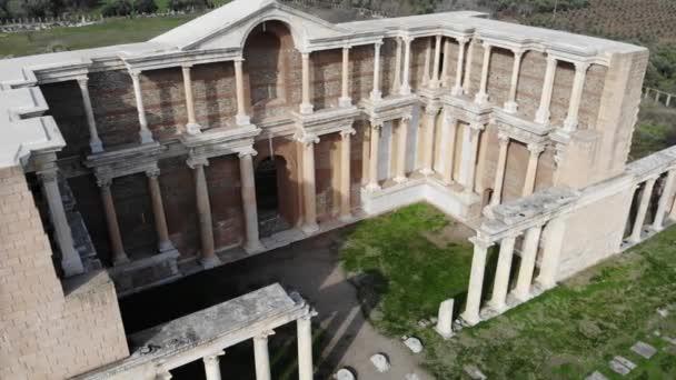Общий Вид Воздуха Руины Гимнастического Комплекса Старинной Бани Археологическом Участке — стоковое видео