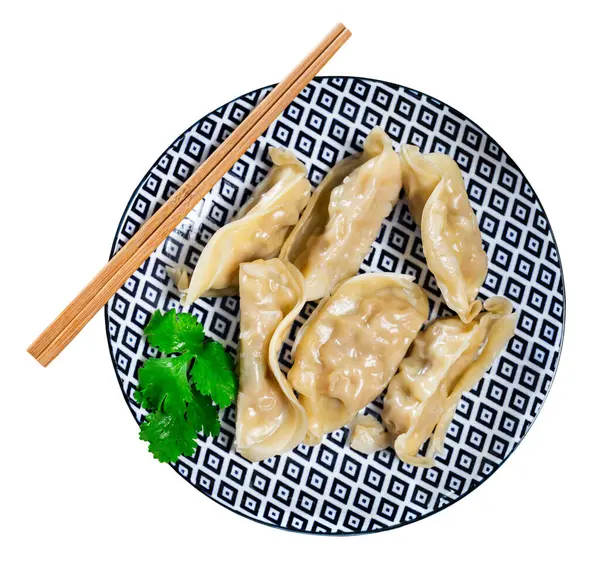 Portion Boiled Gyoza Dumplings Served Bowl Soy Sauce Chopsticks Traditional — Stock Photo, Image
