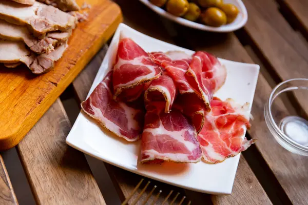 Delicious Cut Pieces Dry Cured Pork Neck Traditional Spanish Meat Stock Picture