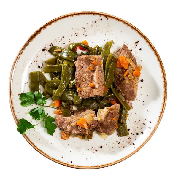Appetizing Pieces Stewed Beef Served Green Beans Plate Isolated White Royalty Free Stock Photos