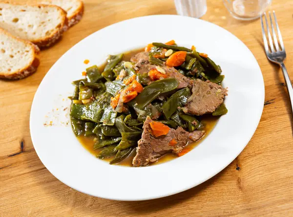 Stewed Beef Side Dish Braised String Beans Carrots Onions Dish — Stock Photo, Image