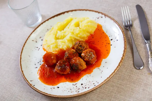 Meatballs Mashed Potatoes Beautifully Served Some Gravy Stock Photo